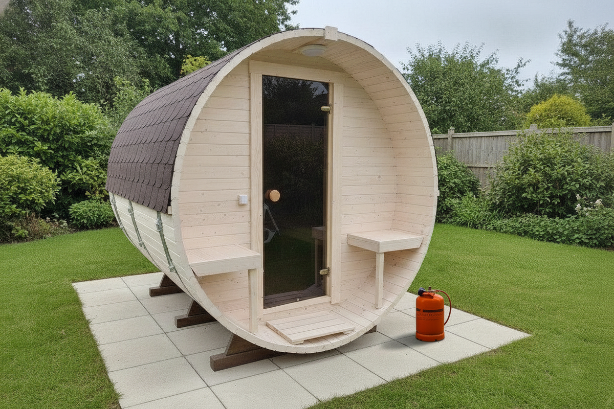 Steam & Oak Gas Barrel Sauna 2.4m with Porch (Electric or Wood-Fired)
