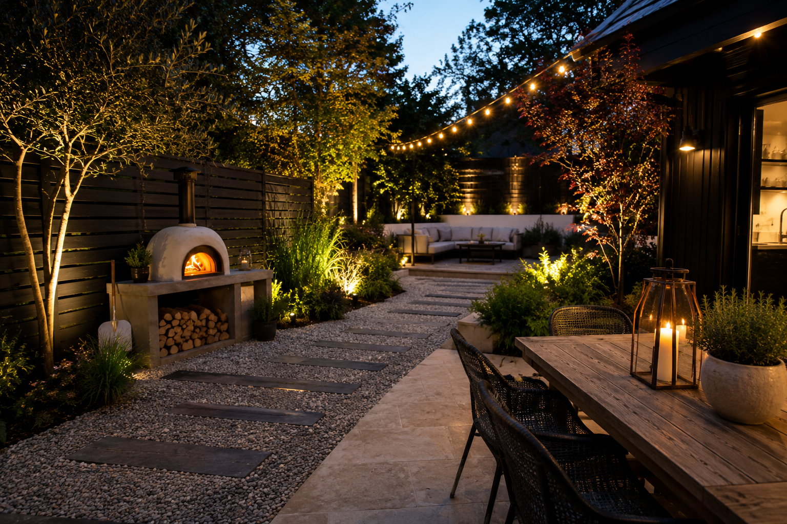 Evening outdoor setting with a wooden table, chairs, and a beautiful pizza oven.