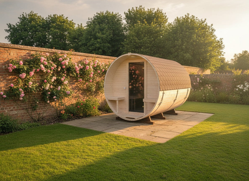 Steam & Oak Gas Barrel Sauna 2.4m with Porch (Electric or Wood-Fired)