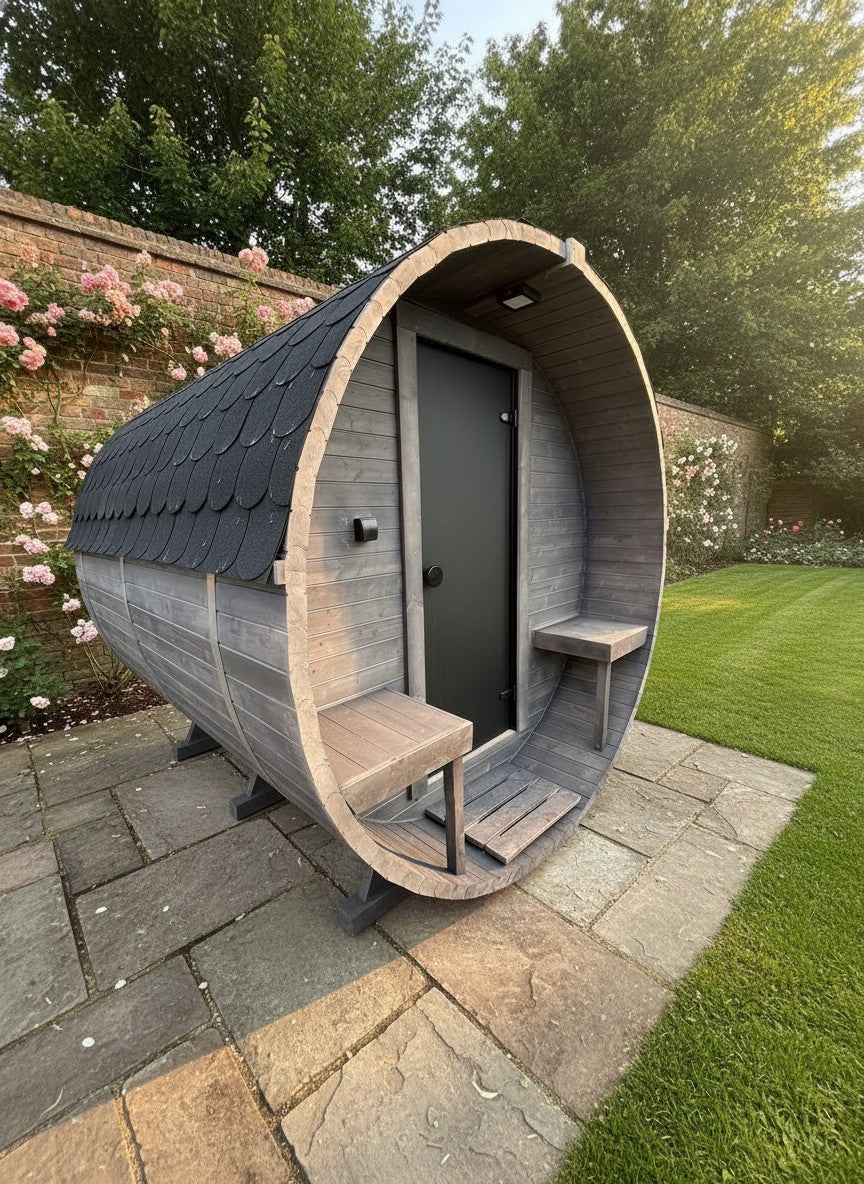 Steam & Oak Gas Barrel Sauna 2.4m with Porch (Electric or Wood-Fired)