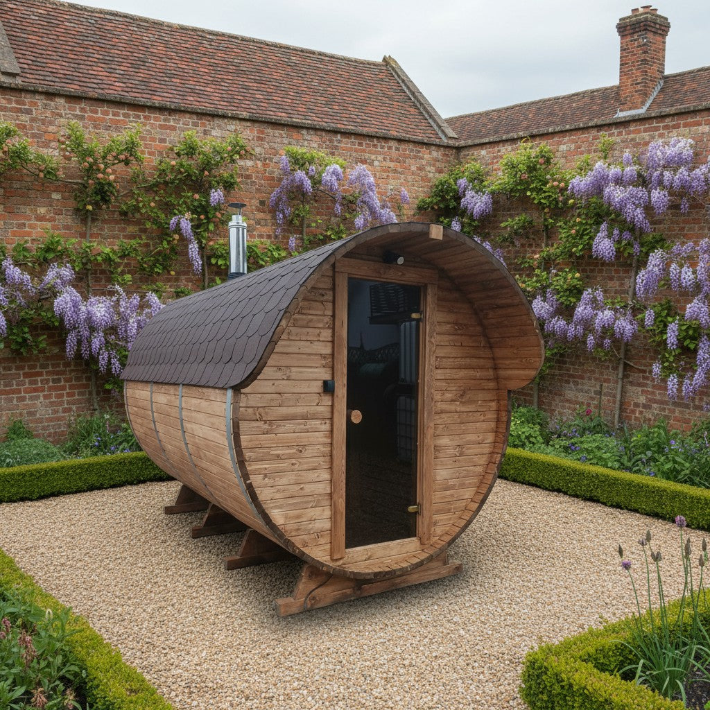 Steam & Oak Gas Barrel Sauna 3m Canopy + Anteroom (Electric or Wood-Fired)