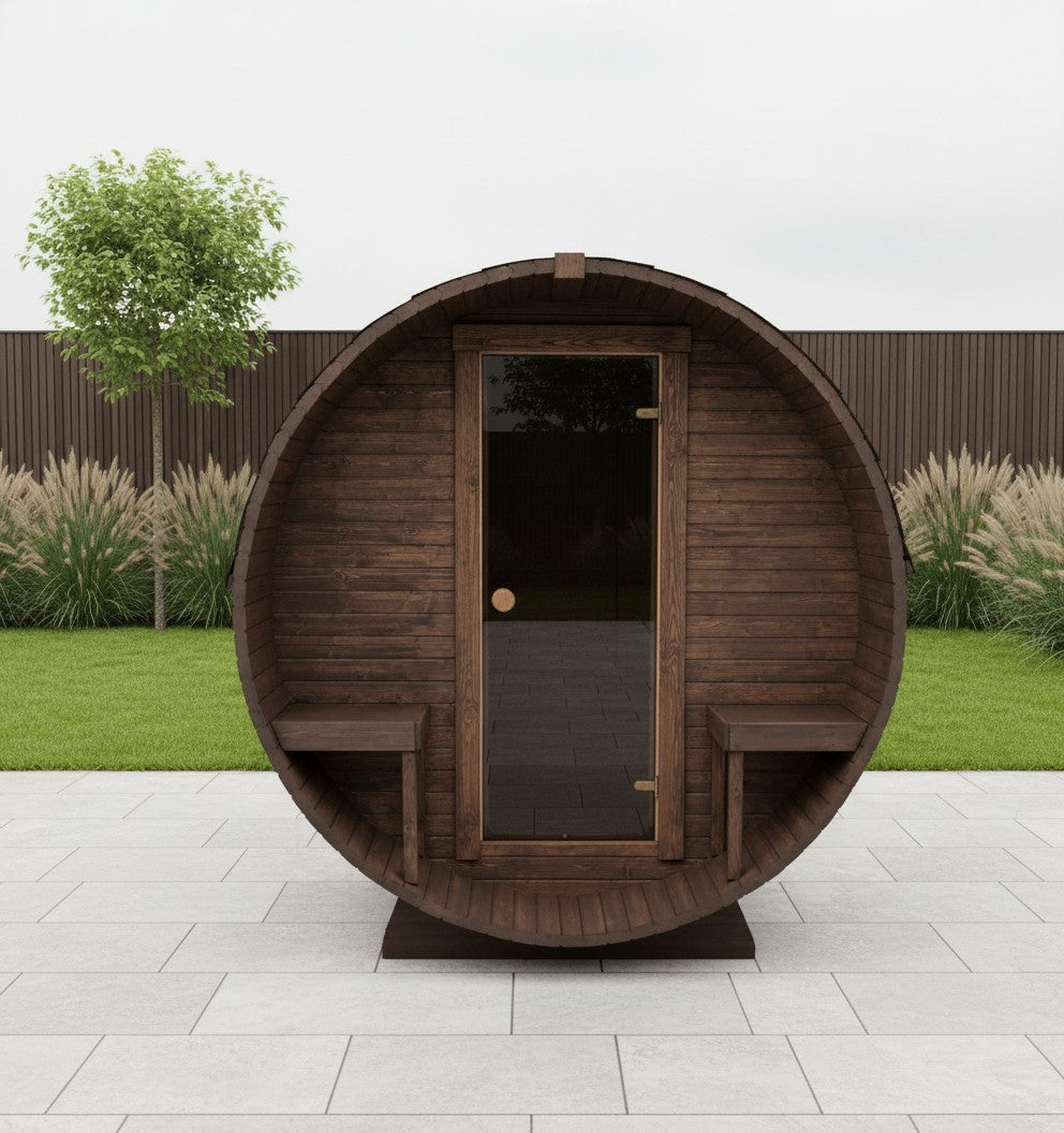 Steam & Oak Gas Barrel Sauna 2.4m with Porch (Electric or Wood-Fired)