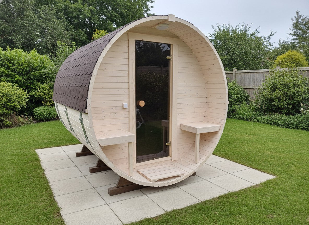Steam & Oak Gas Barrel Sauna 2.4m with Porch (Electric or Wood-Fired)