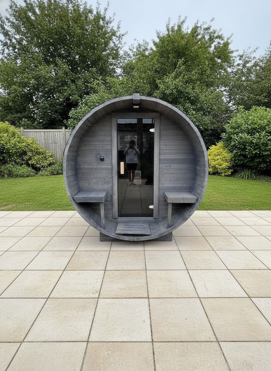Steam & Oak Gas Barrel Sauna 2.4m with Porch (Electric or Wood-Fired)