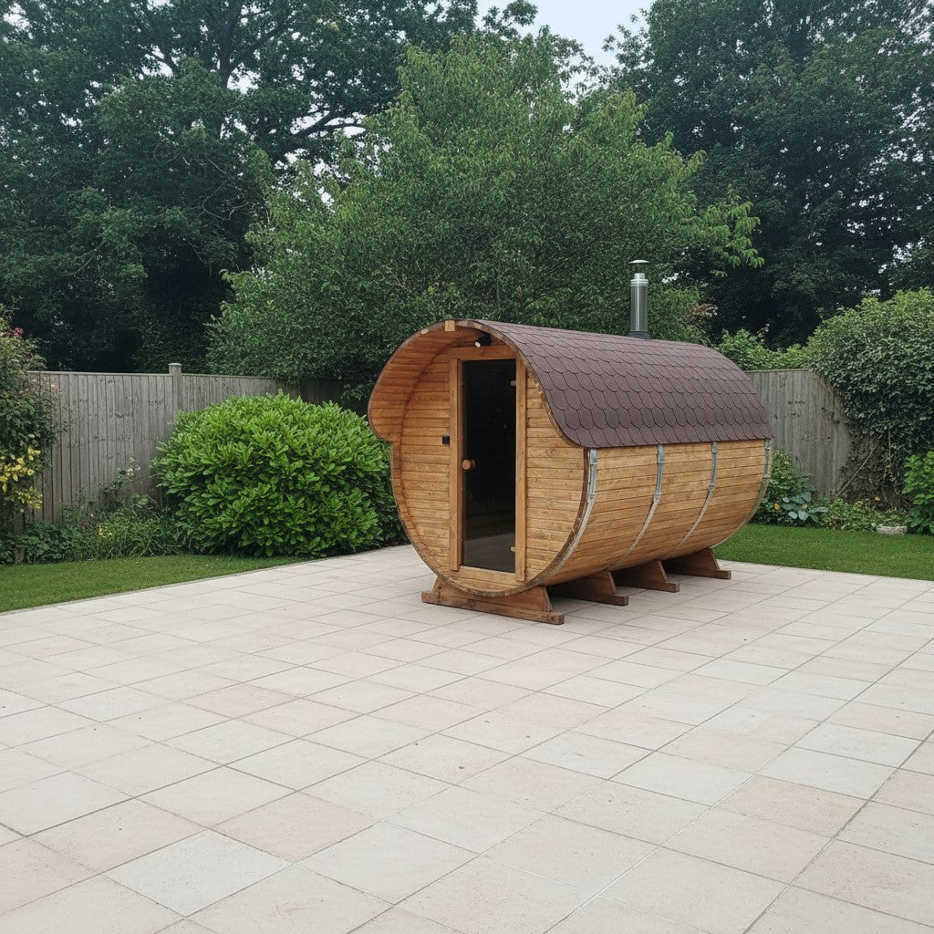 Steam & Oak Gas Barrel Sauna 3m Canopy + Anteroom (Electric or Wood-Fired)