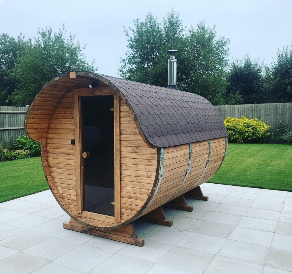 Steam & Oak Gas Barrel Sauna 3m Canopy + Anteroom (Electric or Wood-Fired)