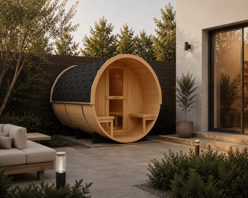 KOVE Outdoor Barrel Sauna – 5–6 Person Garden Sauna with 6kW Harvia Electric Heater