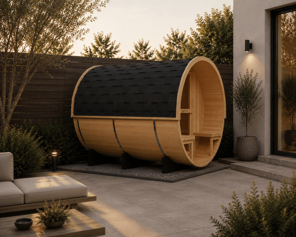KOVE Outdoor Barrel Sauna – 5–6 Person Garden Sauna with 6kW Harvia Electric Heater