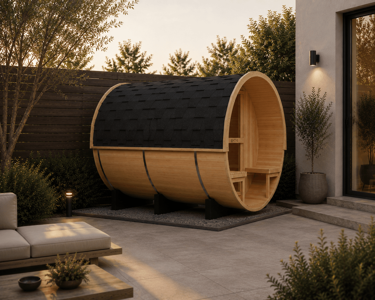 KOVE Outdoor Barrel Sauna – 5–6 Person Garden Sauna with 6kW Harvia Electric Heater