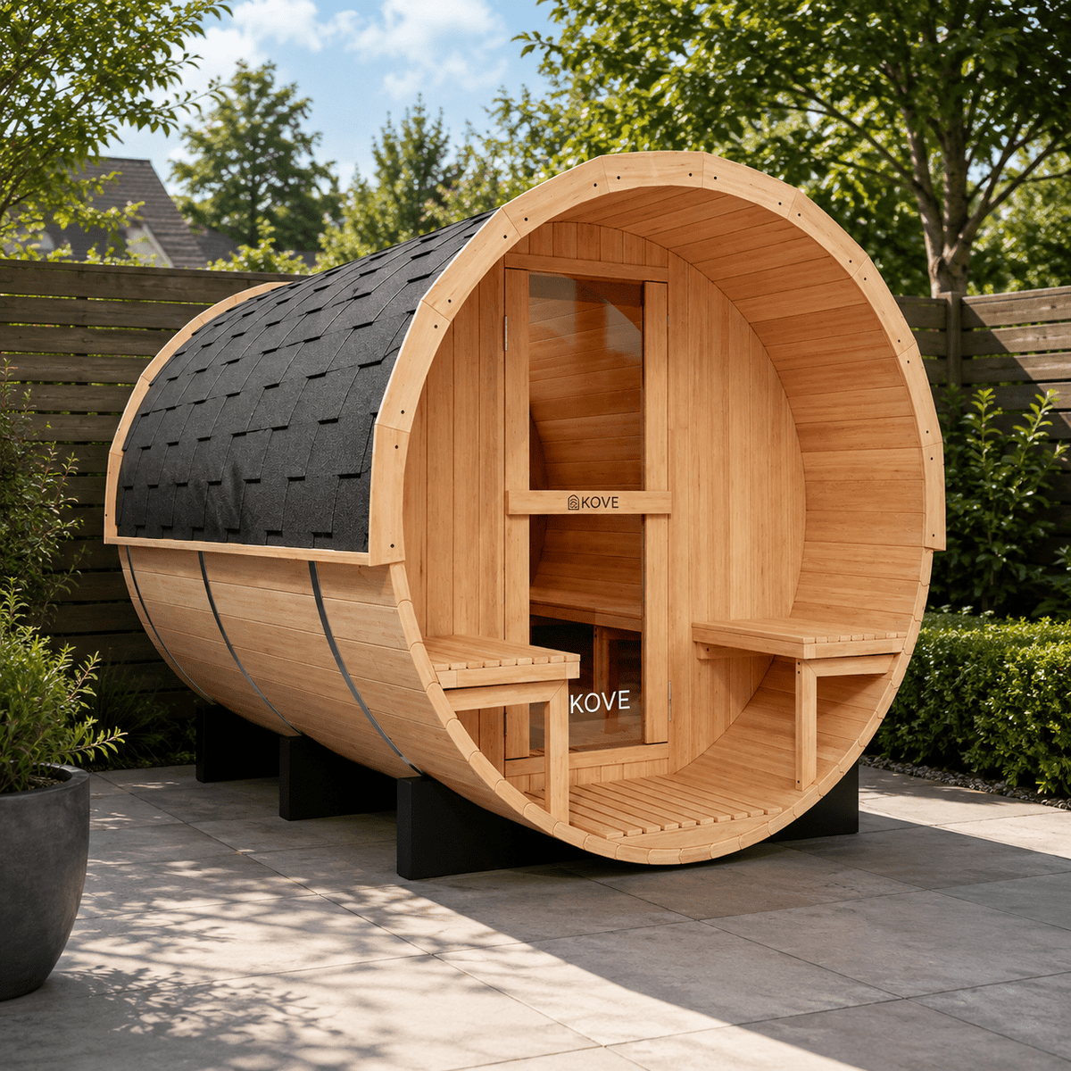 KOVE Outdoor Barrel Sauna – 5–6 Person Garden Sauna with 6kW Harvia Electric Heater