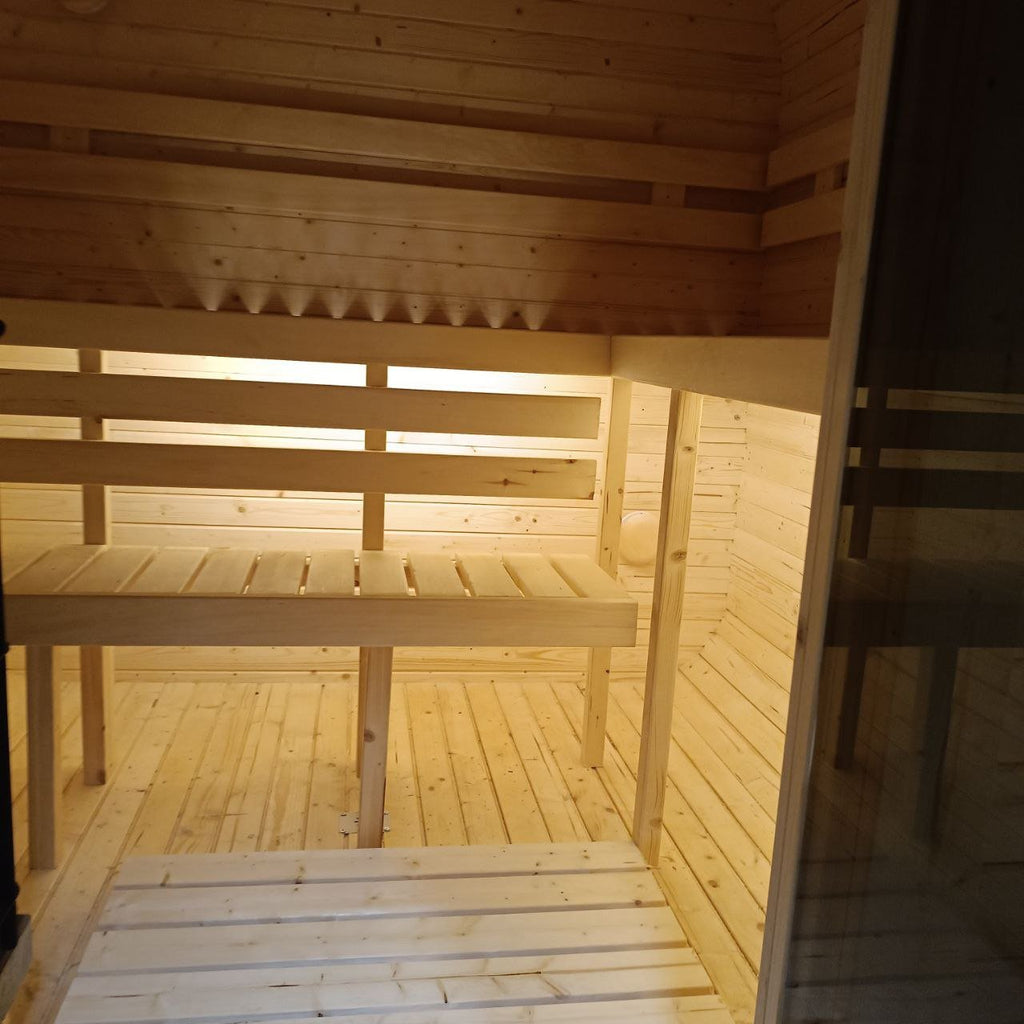 Steam & Oak Gas Cube Sauna 3.4m Premium L-Bench (Electric or Wood-Fired)