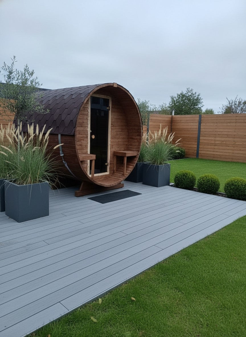 Steam & Oak Gas Barrel Sauna 2.4m with Porch (Electric or Wood-Fired)